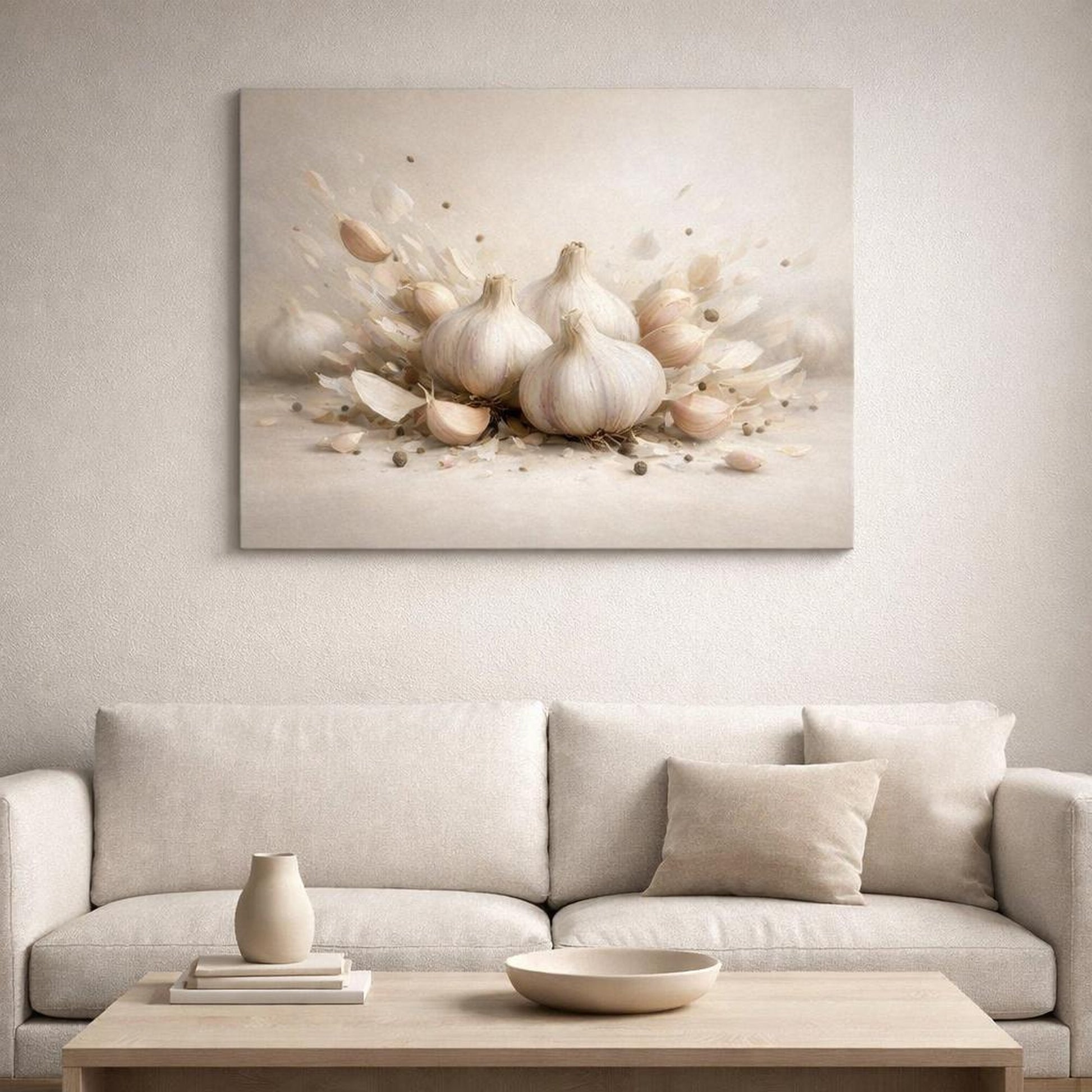 Light Balance Garlic Bulbs shown as canvas wall art in a refined dining room