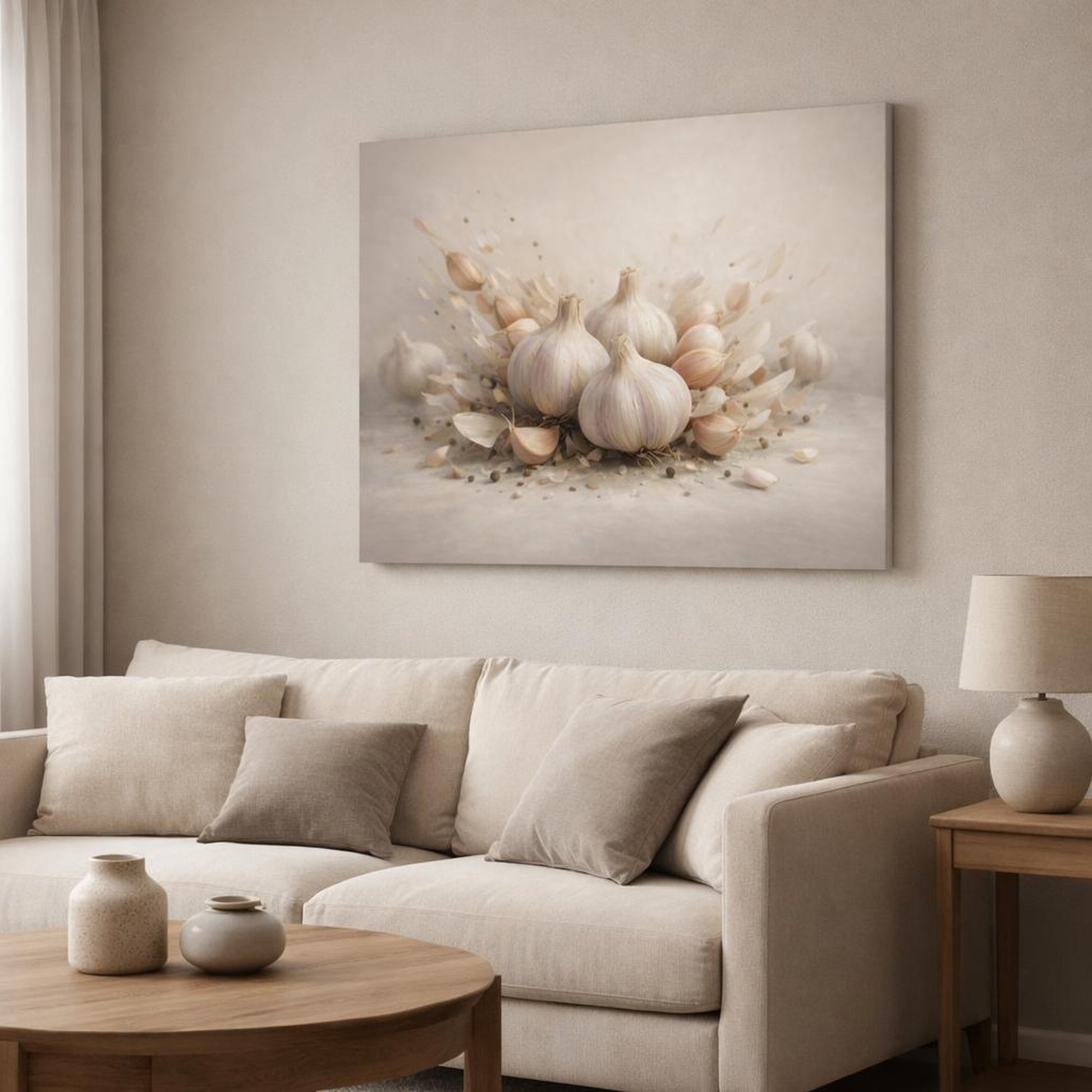 Light Balance Garlic Bulbs shown as canvas wall art in a modern living room