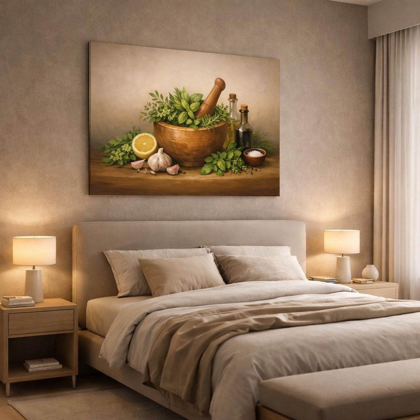 Light Balance Herb Kitchen Art shown as canvas wall art in a luxury bedroom