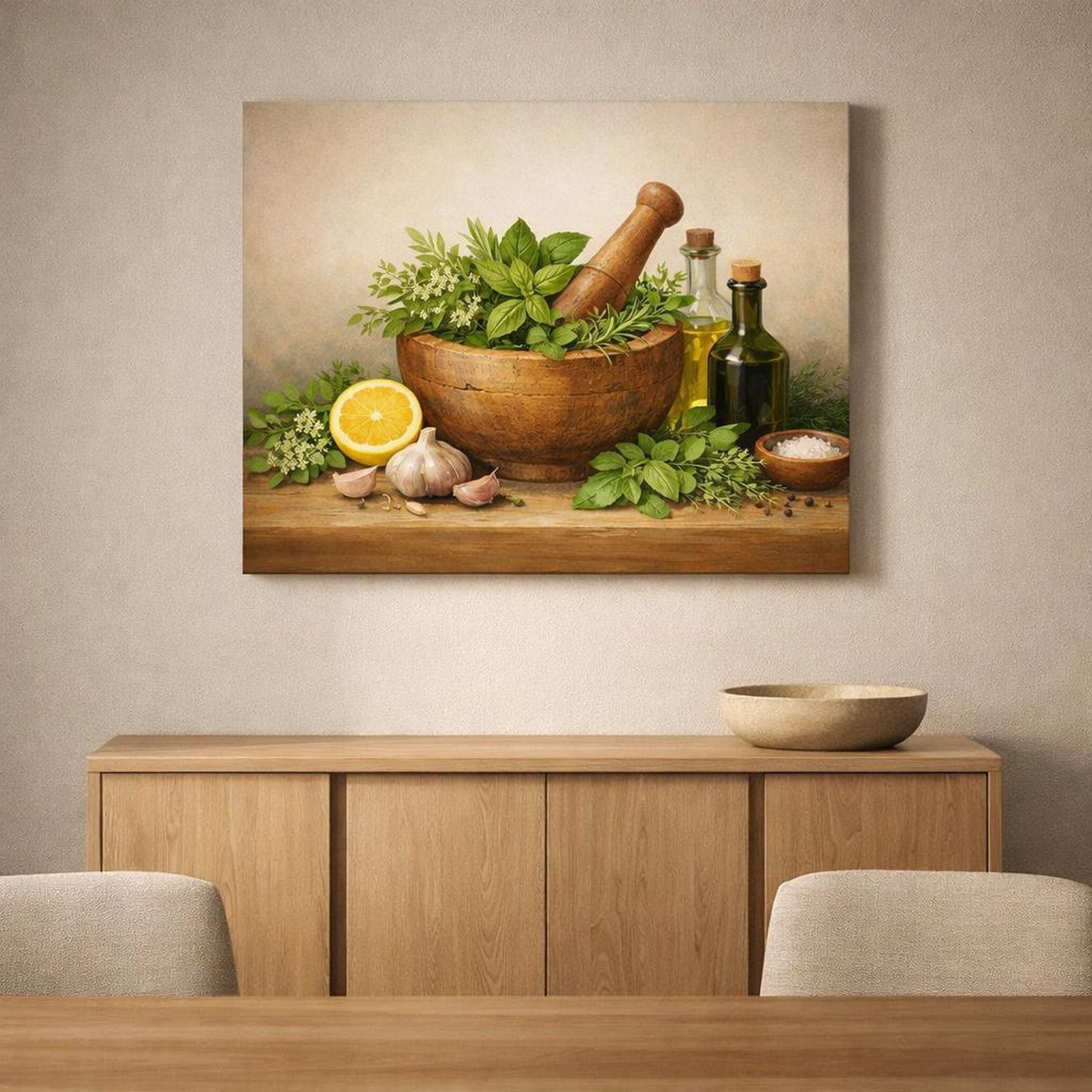 Light Balance Herb Kitchen Art shown as canvas wall art in an elegant contemporary kitchen