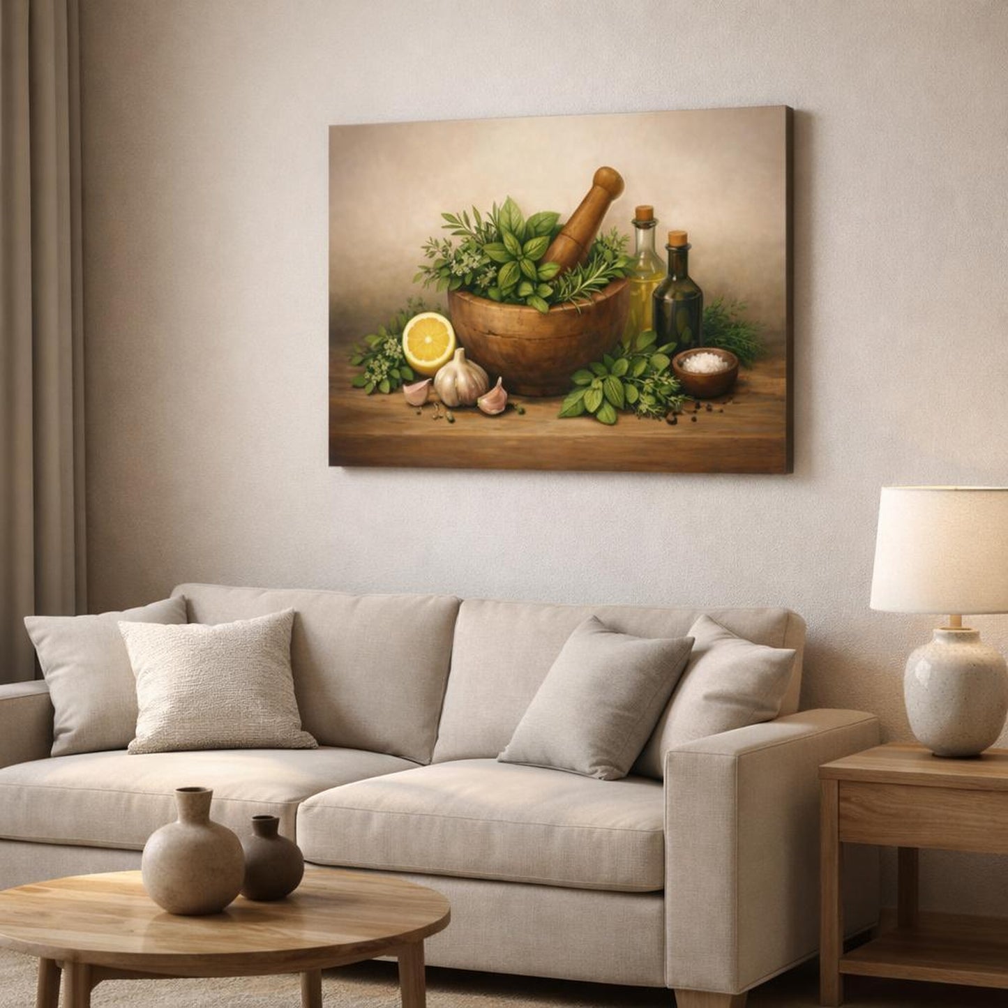 Light Balance Herb Kitchen Art shown as canvas wall art in a modern living room