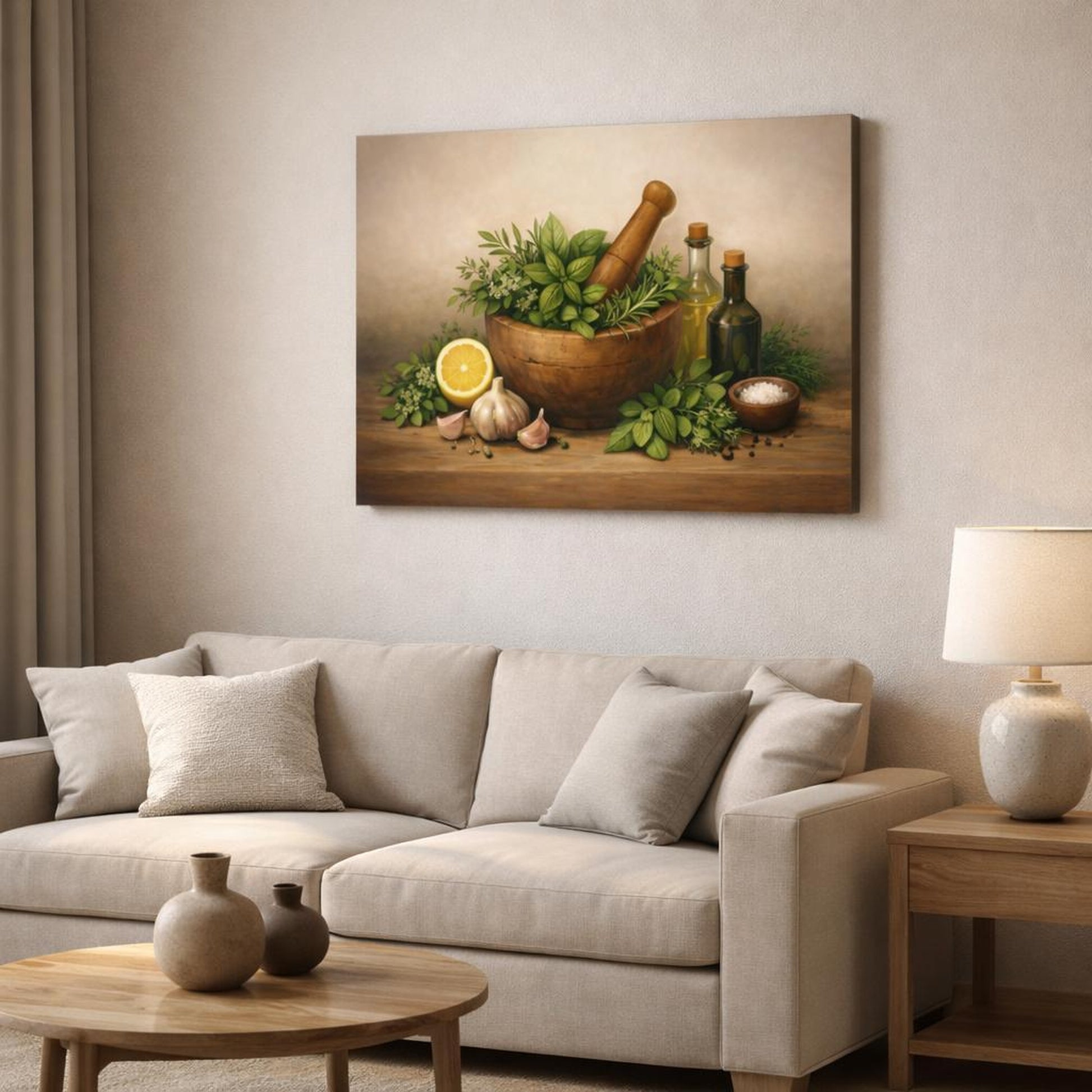 Light Balance Herb Kitchen Art shown as canvas wall art in a modern living room