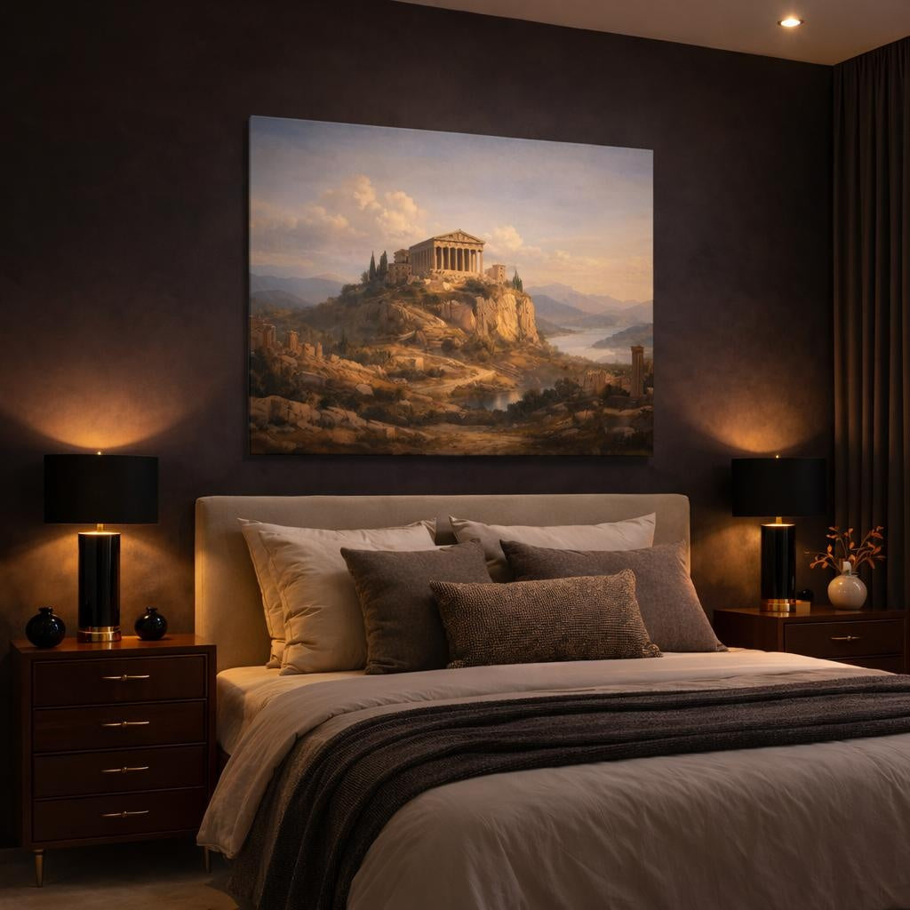 Light Balance Heritage Map shown as canvas wall art in a luxury bedroom