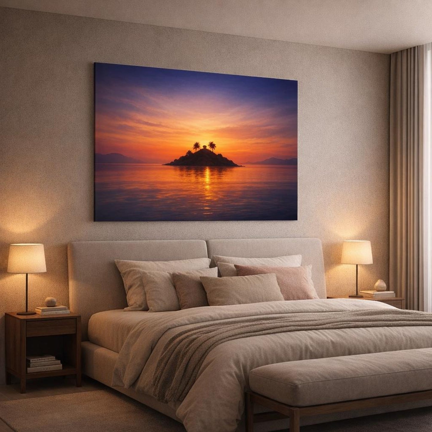 Light Balance Island Sunset shown as canvas wall art in a luxury bedroom