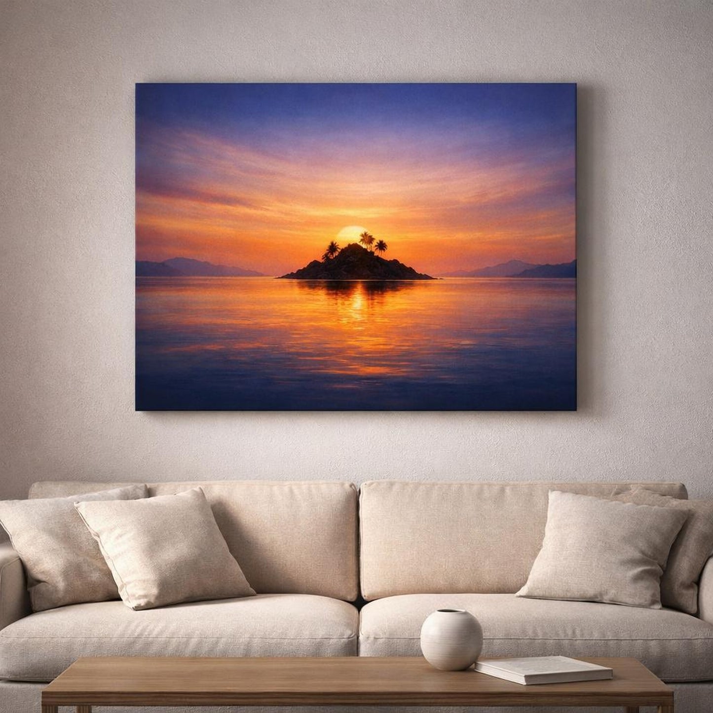 Light Balance Island Sunset shown as canvas wall art in a luxury executive office
