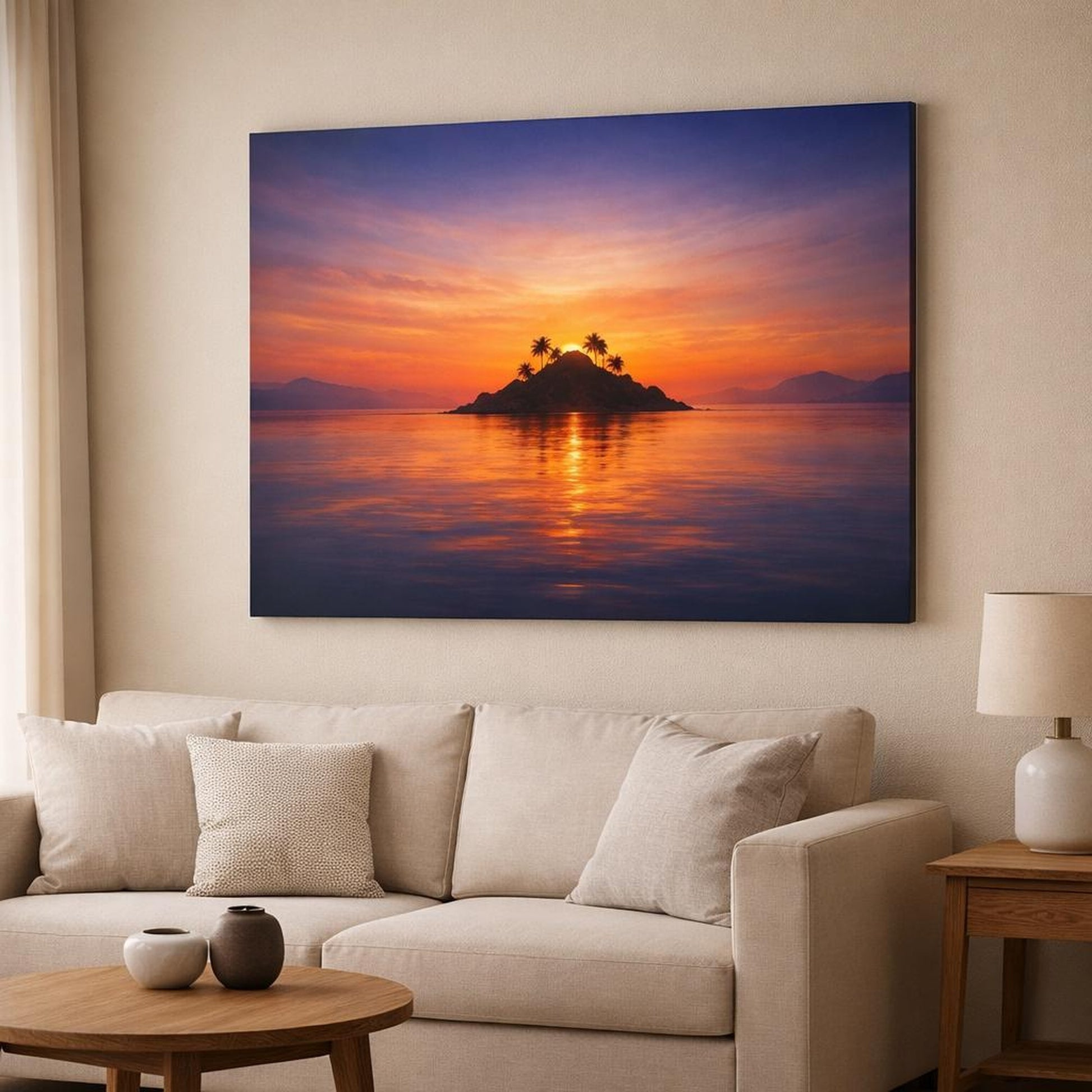 Light Balance Island Sunset shown as canvas wall art in a modern living room