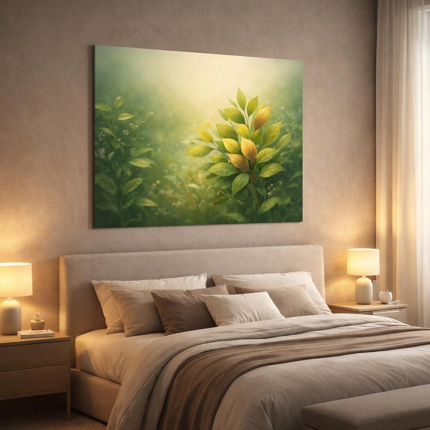 Light Balance Leaves Botanical shown as canvas wall art in a luxury bedroom