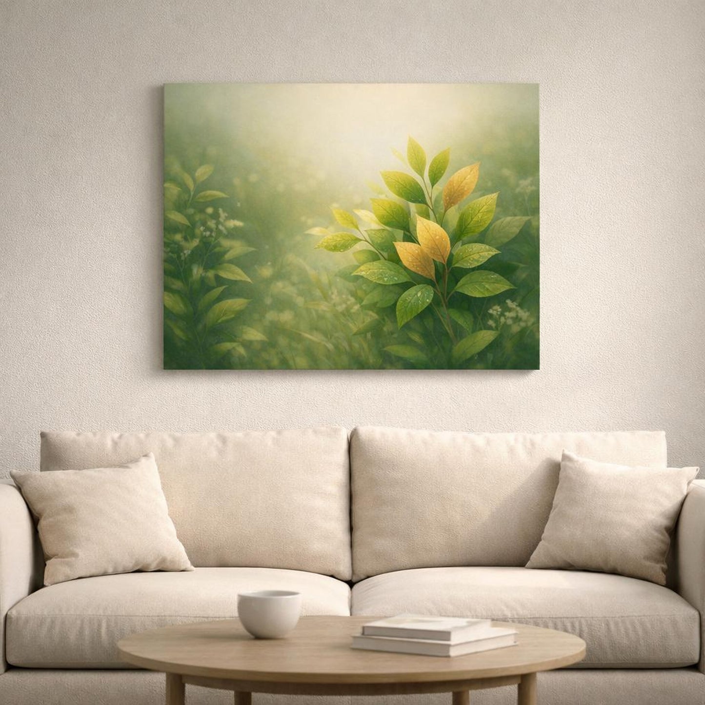 Light Balance Leaves Botanical shown as canvas wall art in a refined dining room