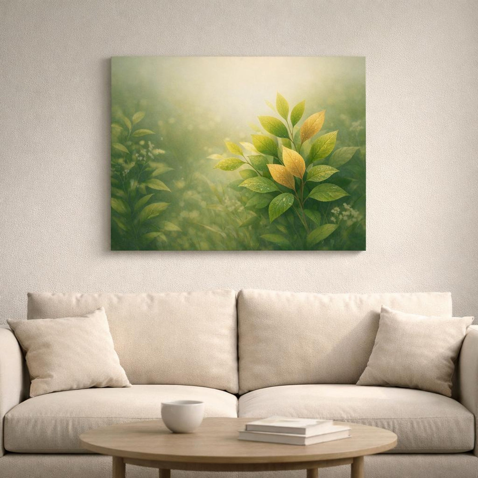 Light Balance Leaves Botanical shown as canvas wall art in a refined dining room