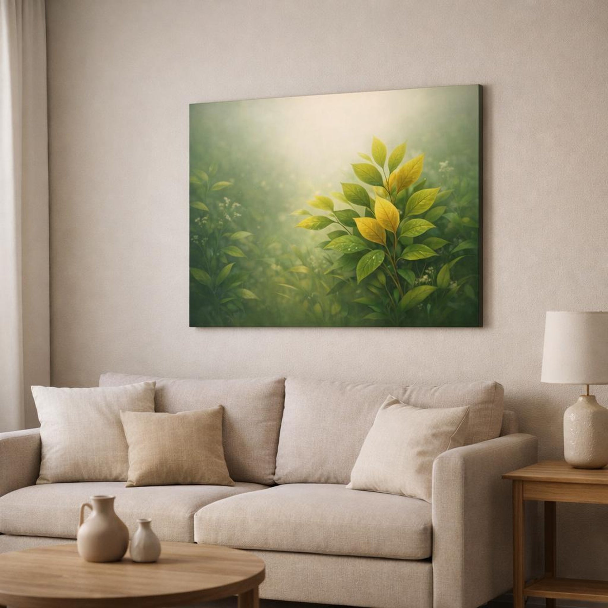 Light Balance Leaves Botanical shown as canvas wall art in a modern living room