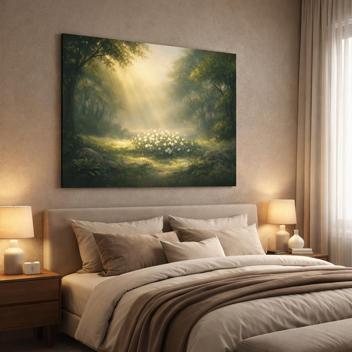 Light Balance Leaves Nature shown as canvas wall art in a luxury bedroom
