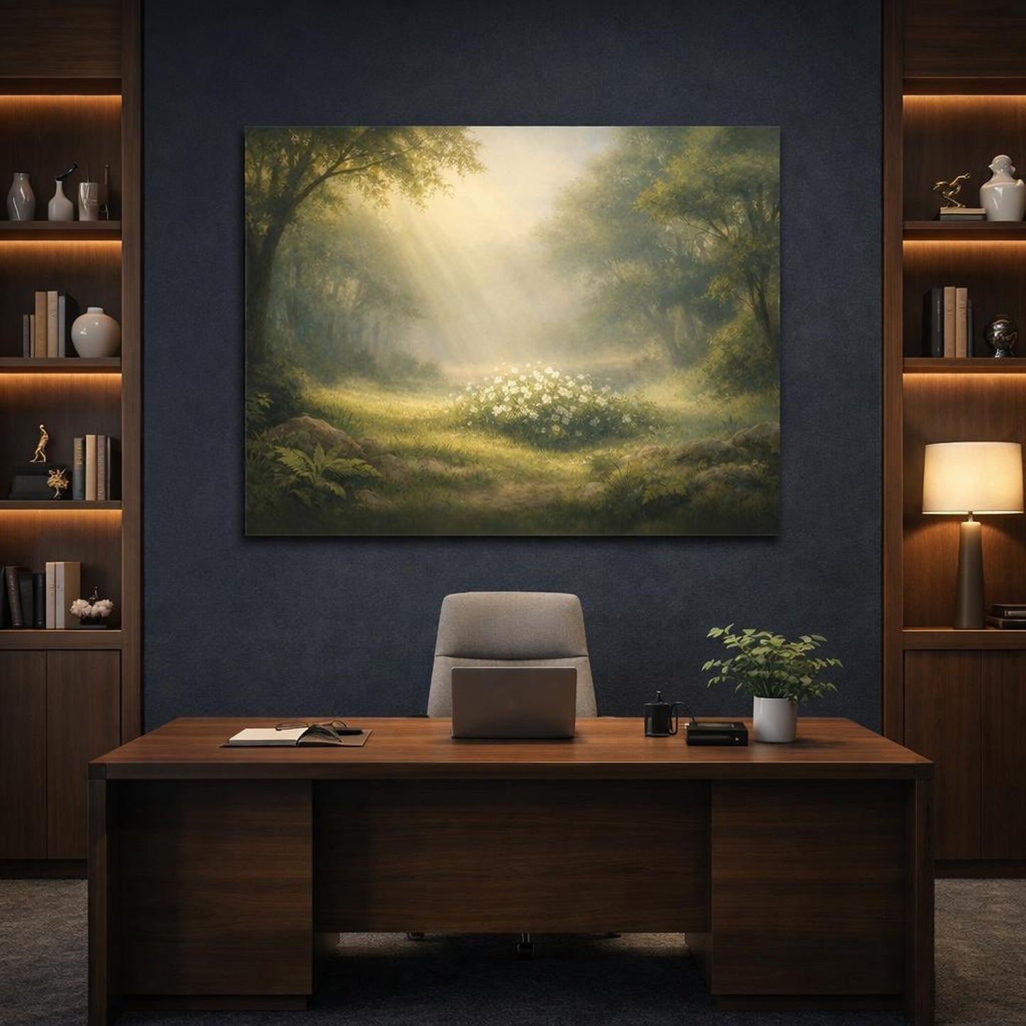Light Balance Leaves Nature shown as canvas wall art in a refined dining room