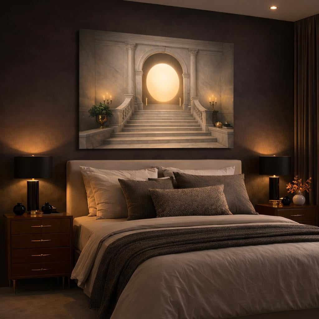 Light Balance Luxury Marble Texture shown as canvas wall art in a luxury bedroom