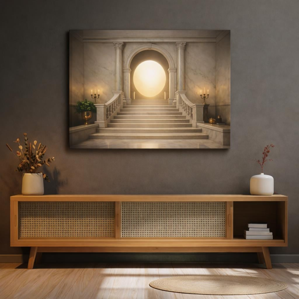 Light Balance Luxury Marble Texture shown as canvas wall art in a refined dining room