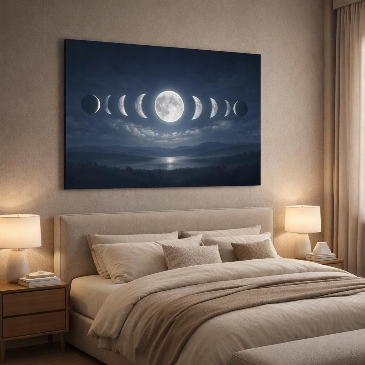 Light Balance Moon Phases shown as canvas wall art in a luxury bedroom