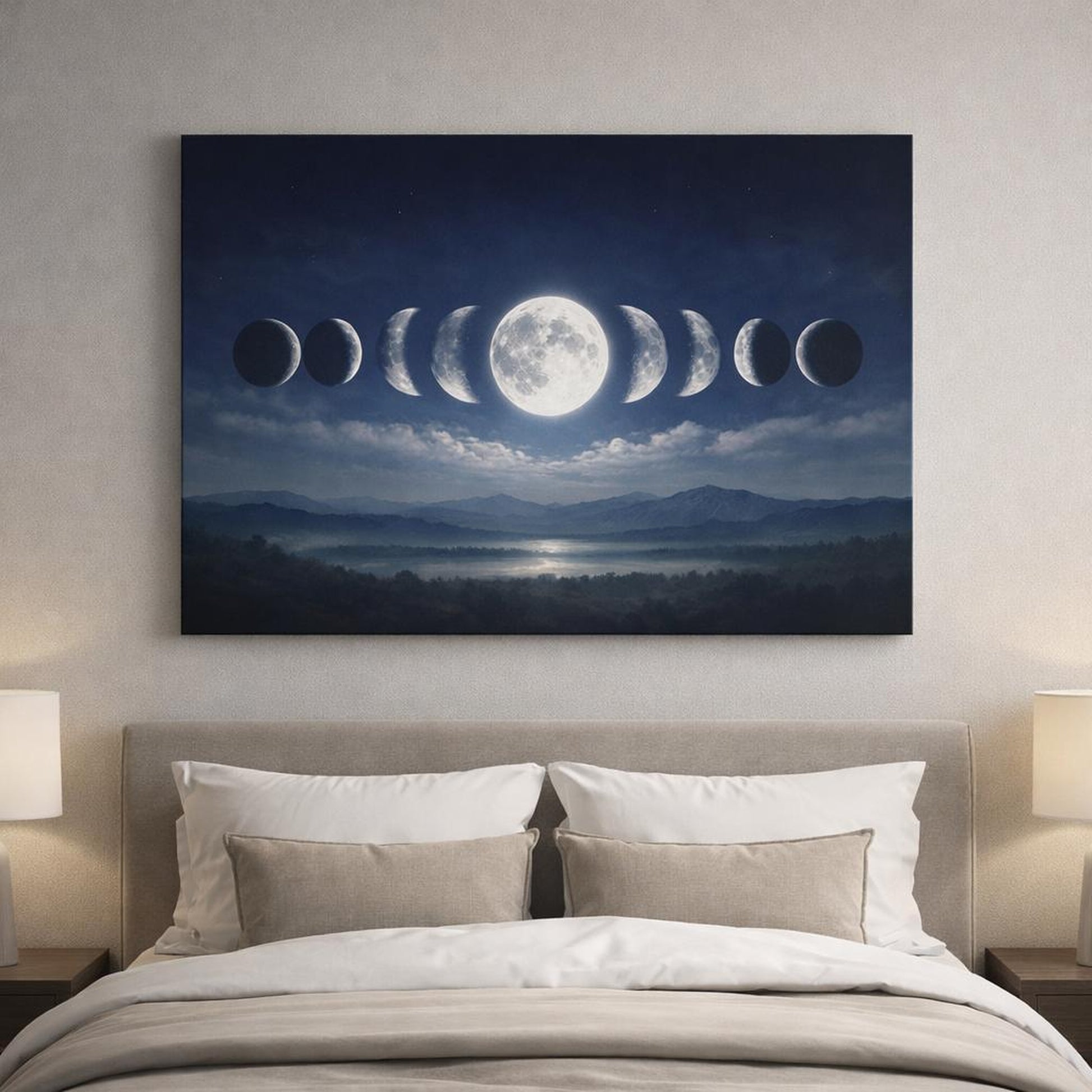 Light Balance Moon Phases shown as canvas wall art in a refined dining room