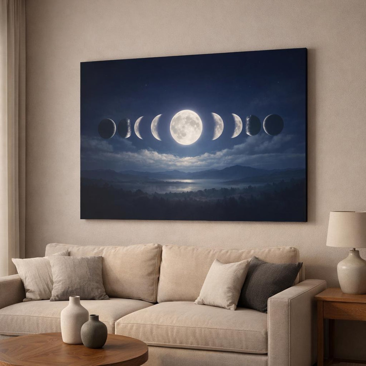 Light Balance Moon Phases shown as canvas wall art in a modern living room