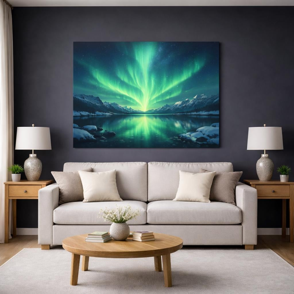 Light Balance Northern shown as canvas wall art in a modern living room
