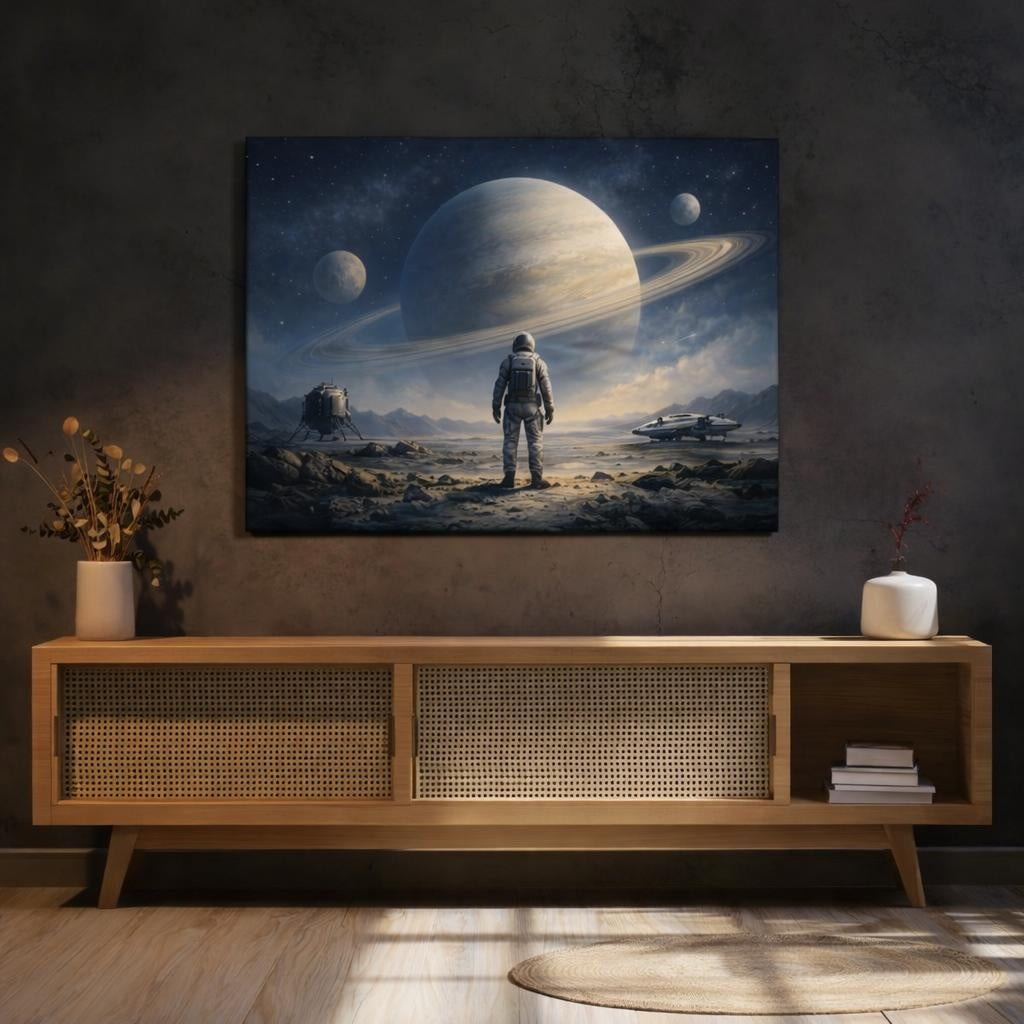 Light Balance Space Explorer shown as canvas wall art in a refined dining room