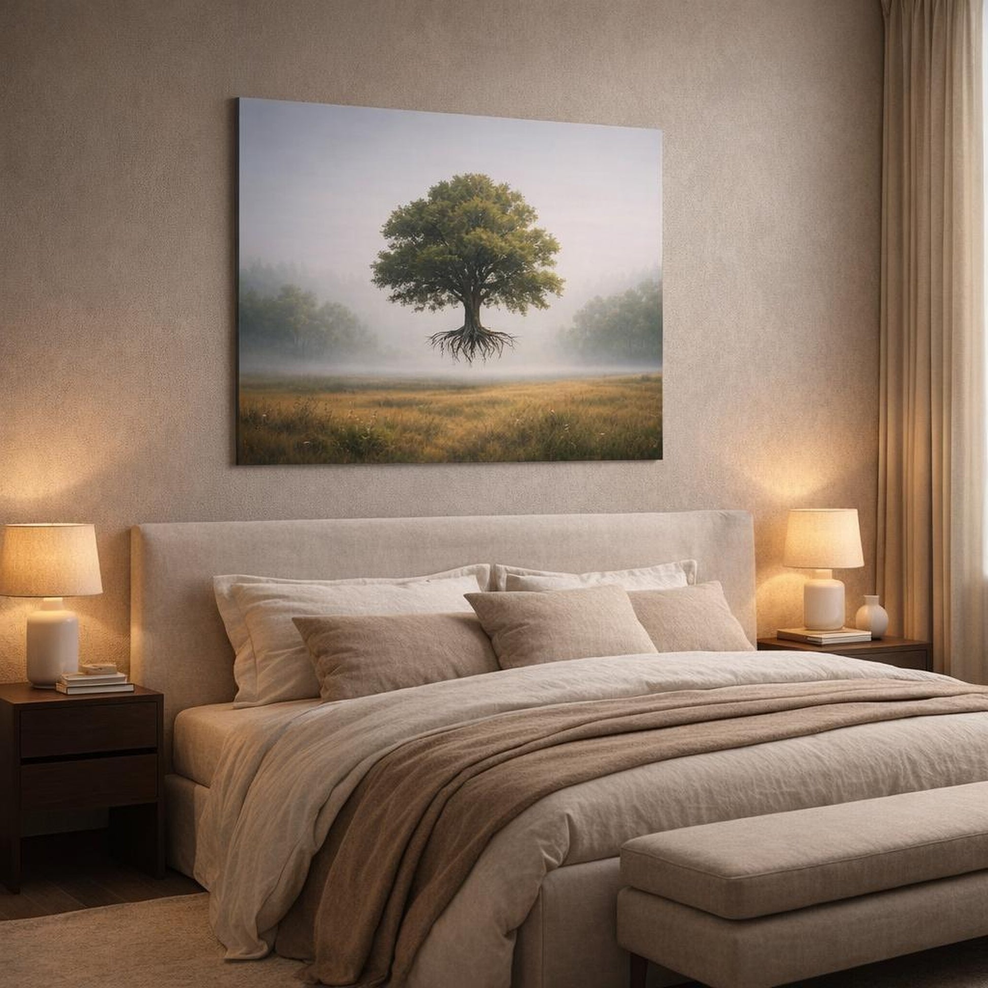 Light Balance Trees Fog shown as canvas wall art in a luxury bedroom