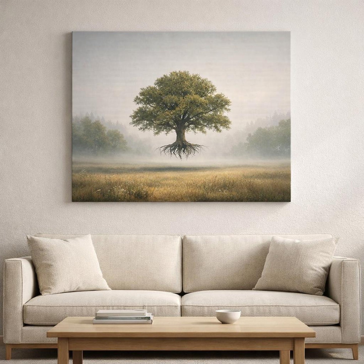 Light Balance Trees Fog shown as canvas wall art in a refined dining room