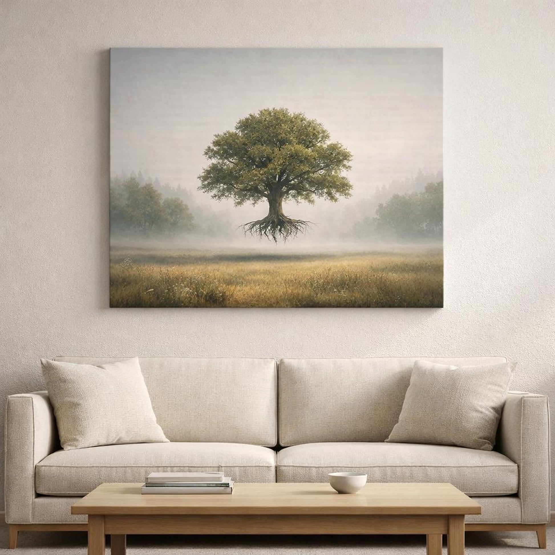 Light Balance Trees Fog shown as canvas wall art in a refined dining room