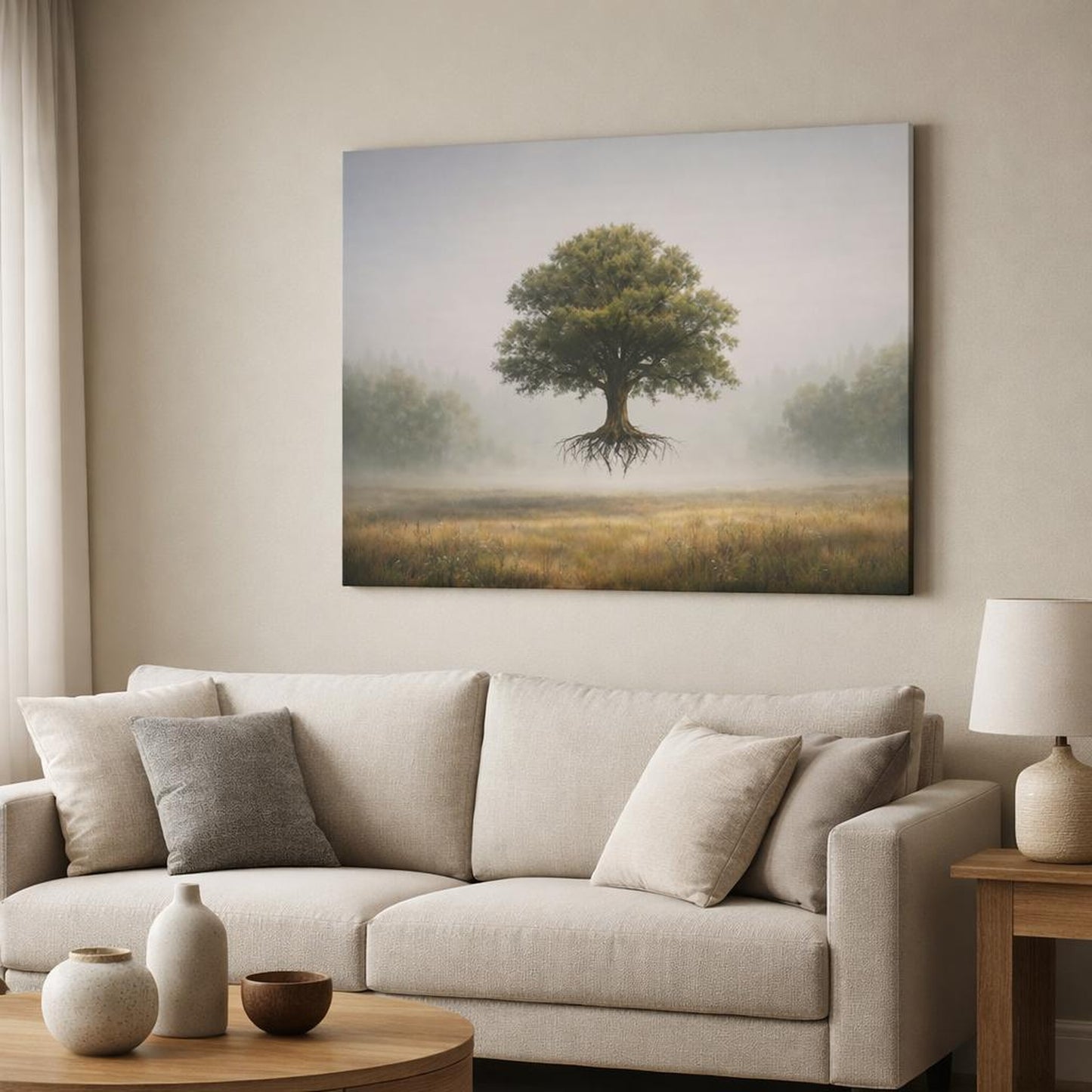 Light Balance Trees Fog shown as canvas wall art in a modern living room