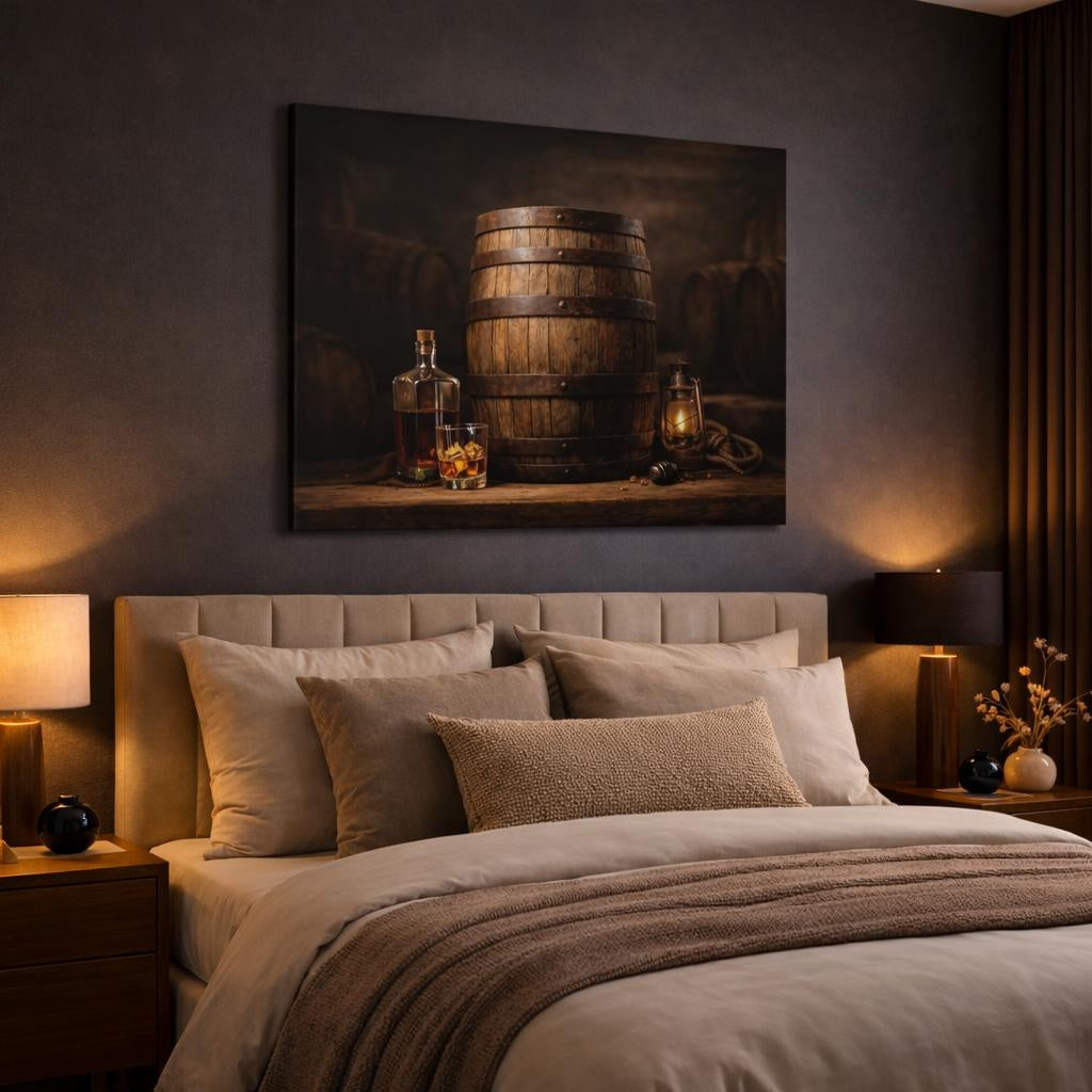 Light Balance Whiskey Barrel shown as canvas wall art in a luxury bedroom