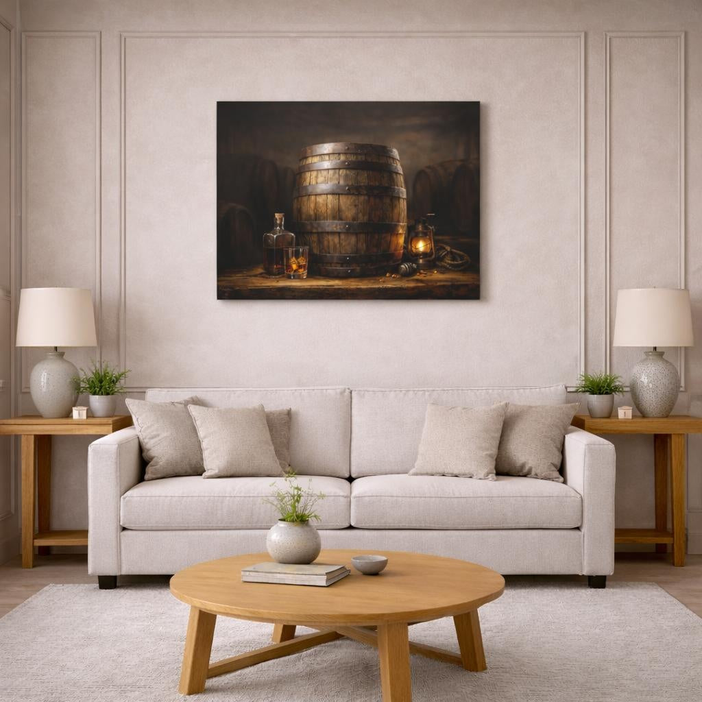 Light Balance Whiskey Barrel shown as canvas wall art in a modern living room