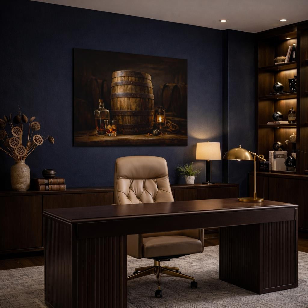Light Balance Whiskey Barrel shown as canvas wall art in a refined dining room