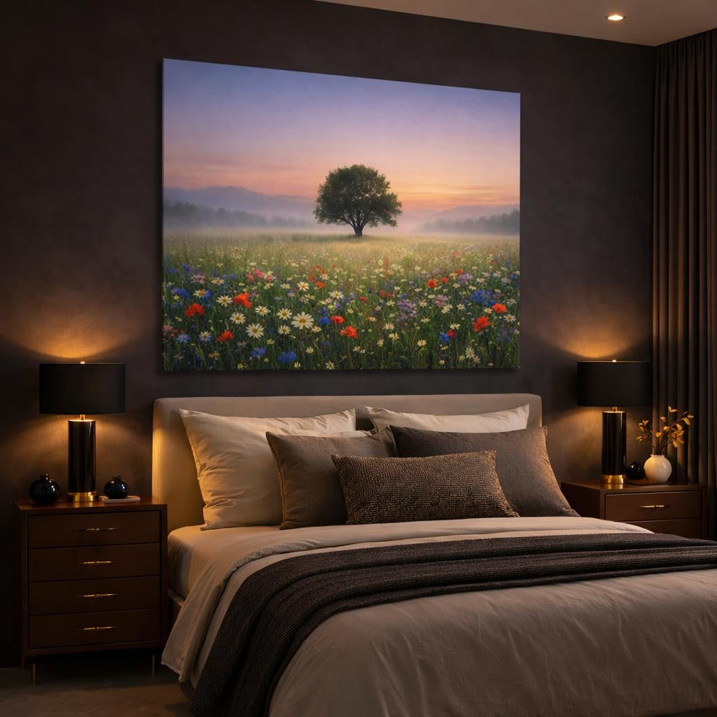 Light Balance Wildflowers Calm shown as canvas wall art in a luxury bedroom
