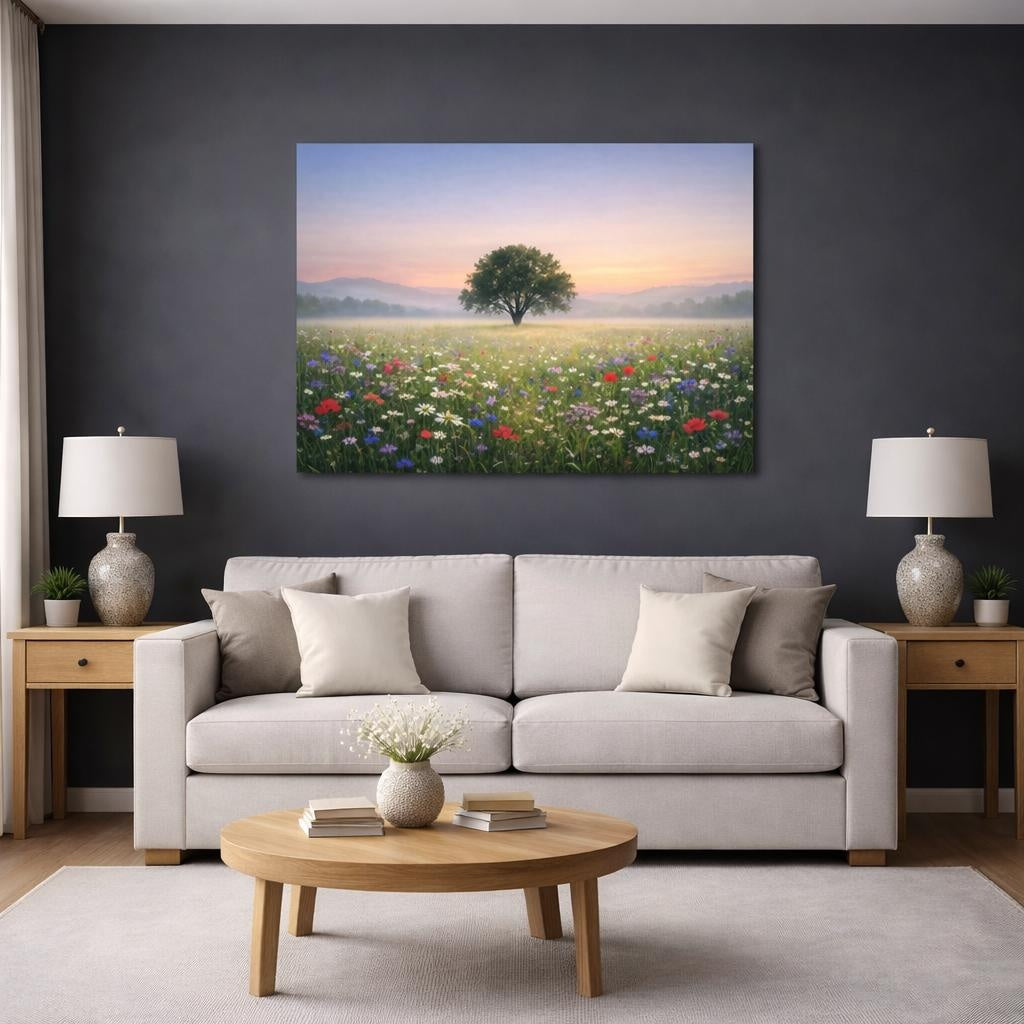 Light Balance Wildflowers Calm shown as canvas wall art in a modern living room