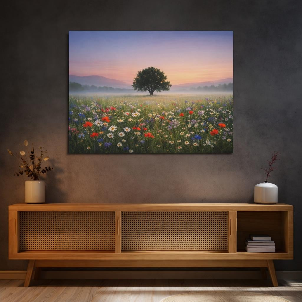Light Balance Wildflowers Calm shown as canvas wall art in a refined dining room
