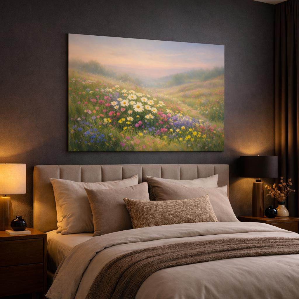 Light Balance Wildflowers Field shown as canvas wall art in a luxury bedroom