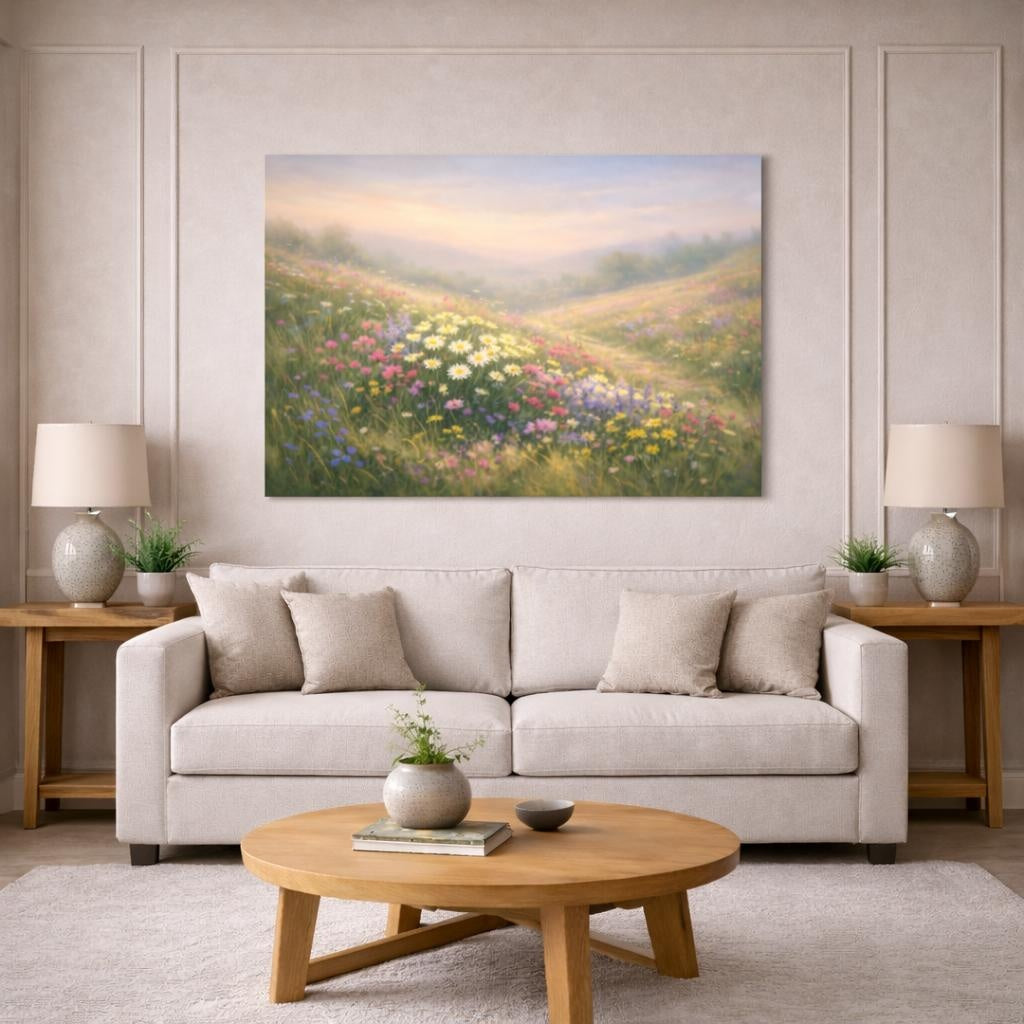 Light Balance Wildflowers Field shown as canvas wall art in a modern living room