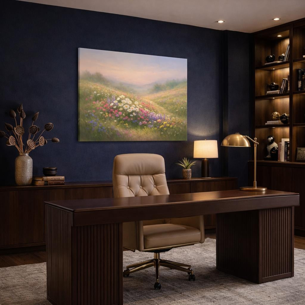 Light Balance Wildflowers Field shown as canvas wall art in a refined dining room