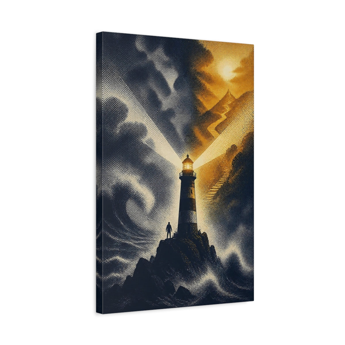 Side Mockup 3. Lighthouse Beacon At Dusk shown as canvas print
