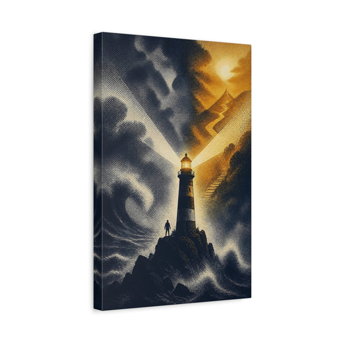 Side Mockup 4. Lighthouse Beacon At Dusk shown as canvas print