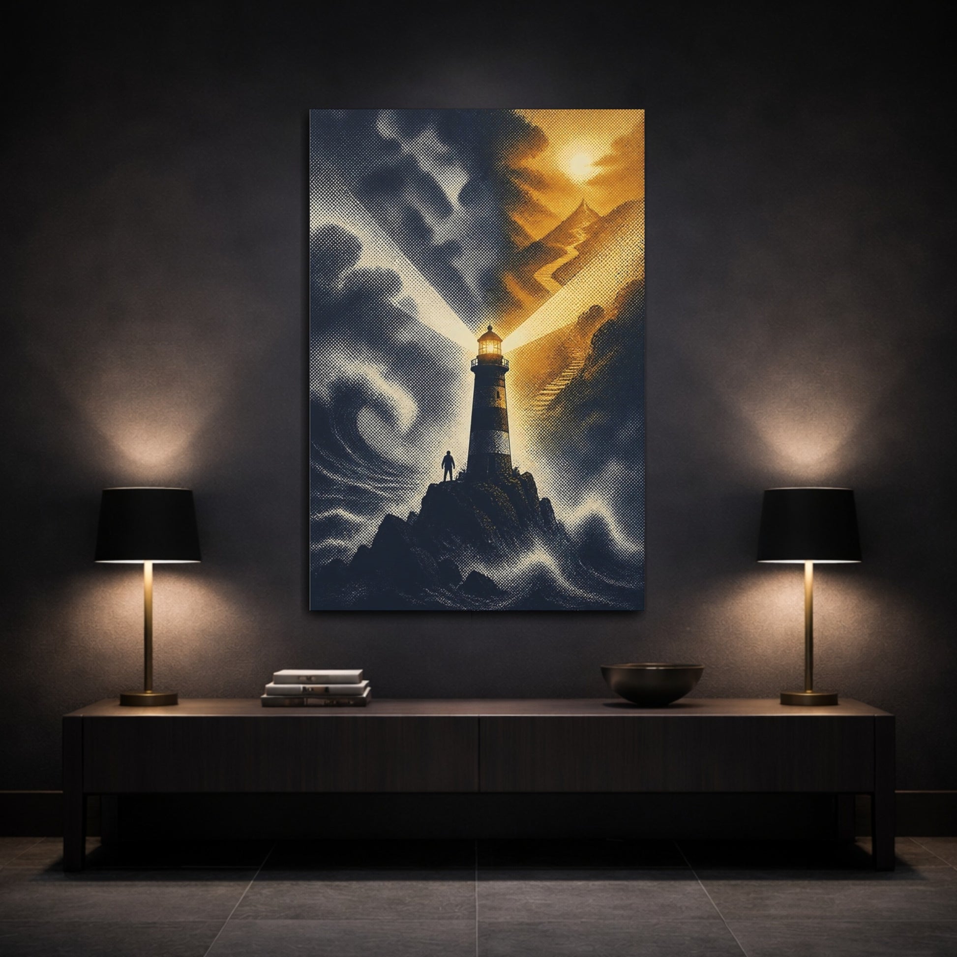 Mockup 3. Lighthouse Beacon At Dusk shown as canvas print
