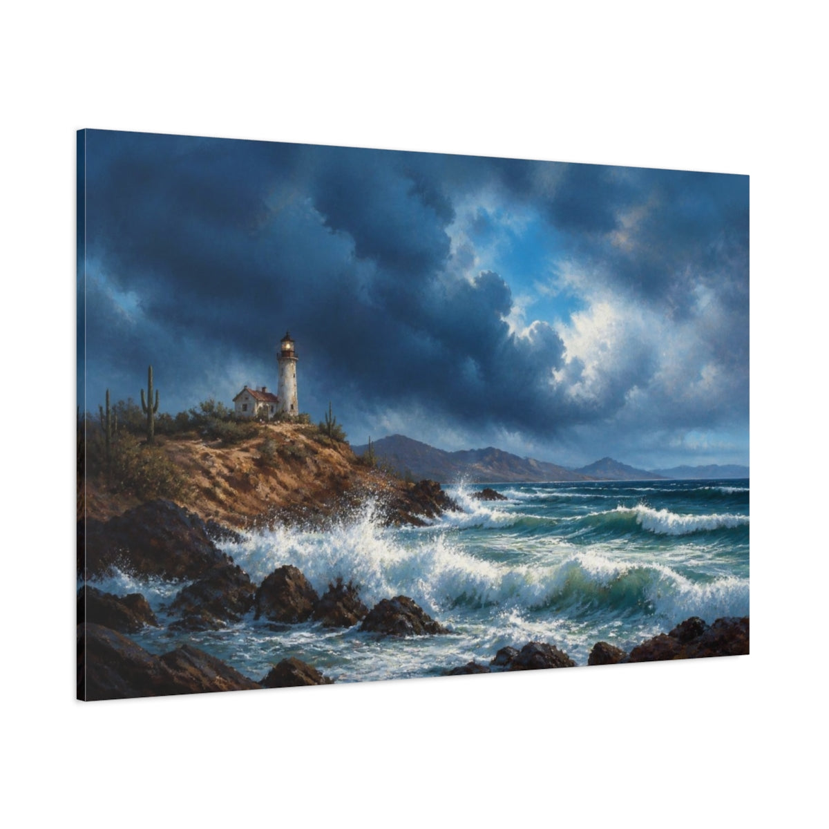 Side Mockup 1. Lighthouse Beyond The Storm shown as canvas print