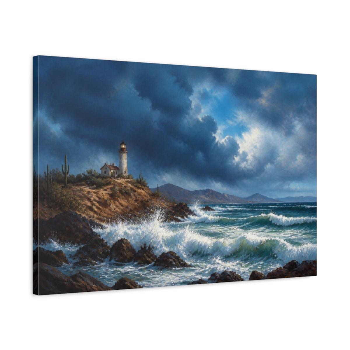 Side Mockup 2. Lighthouse Beyond The Storm shown as canvas print
