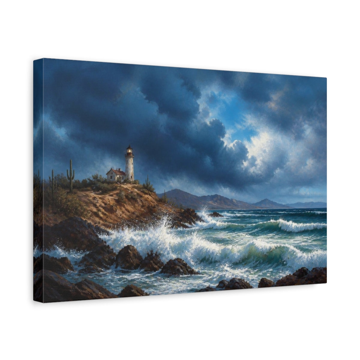 Side Mockup 4. Lighthouse Beyond The Storm shown as canvas print