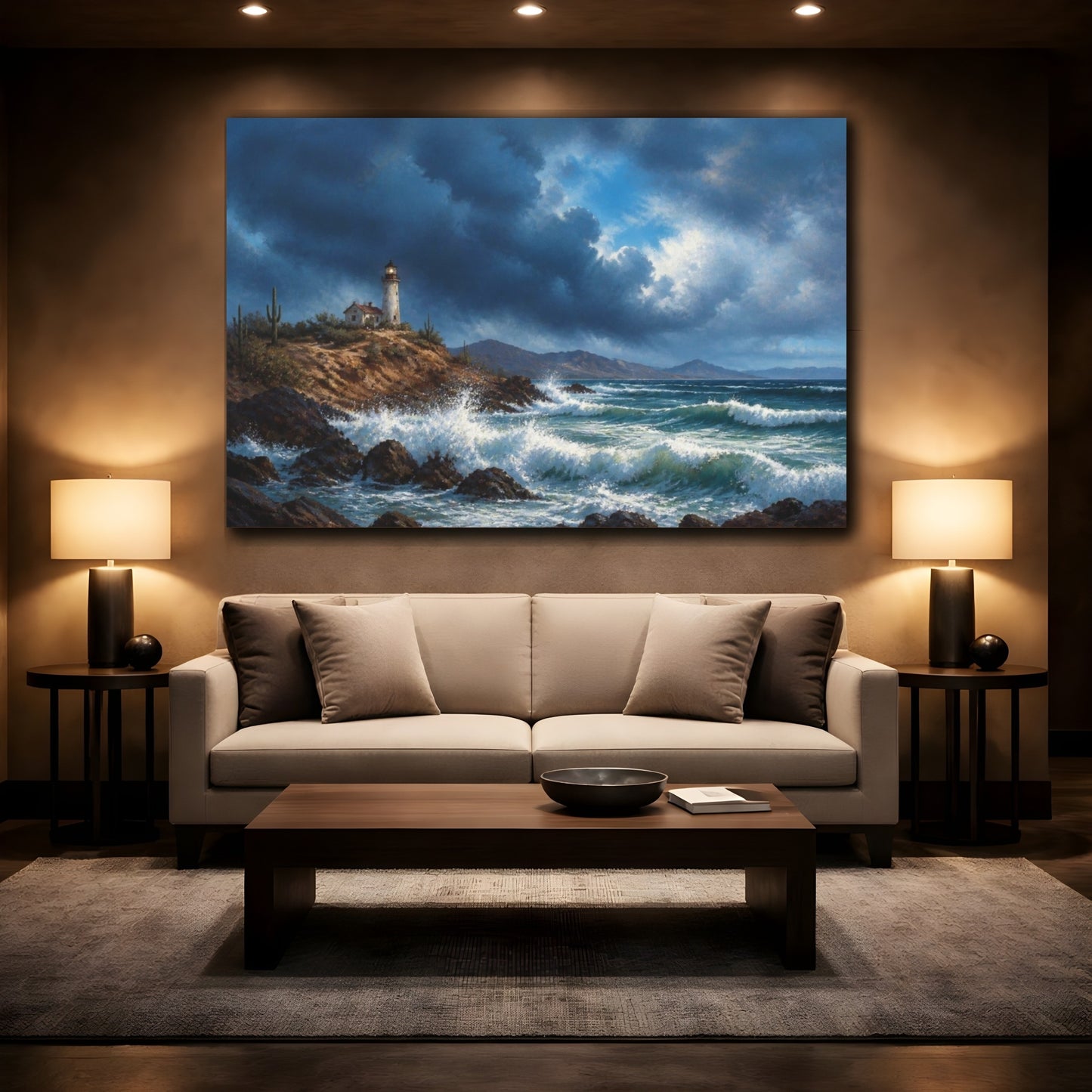 Mockup 2. Lighthouse Beyond The Storm shown as canvas print