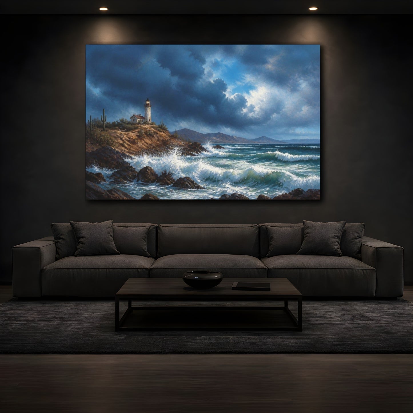 Mockup 3. Lighthouse Beyond The Storm shown as canvas print