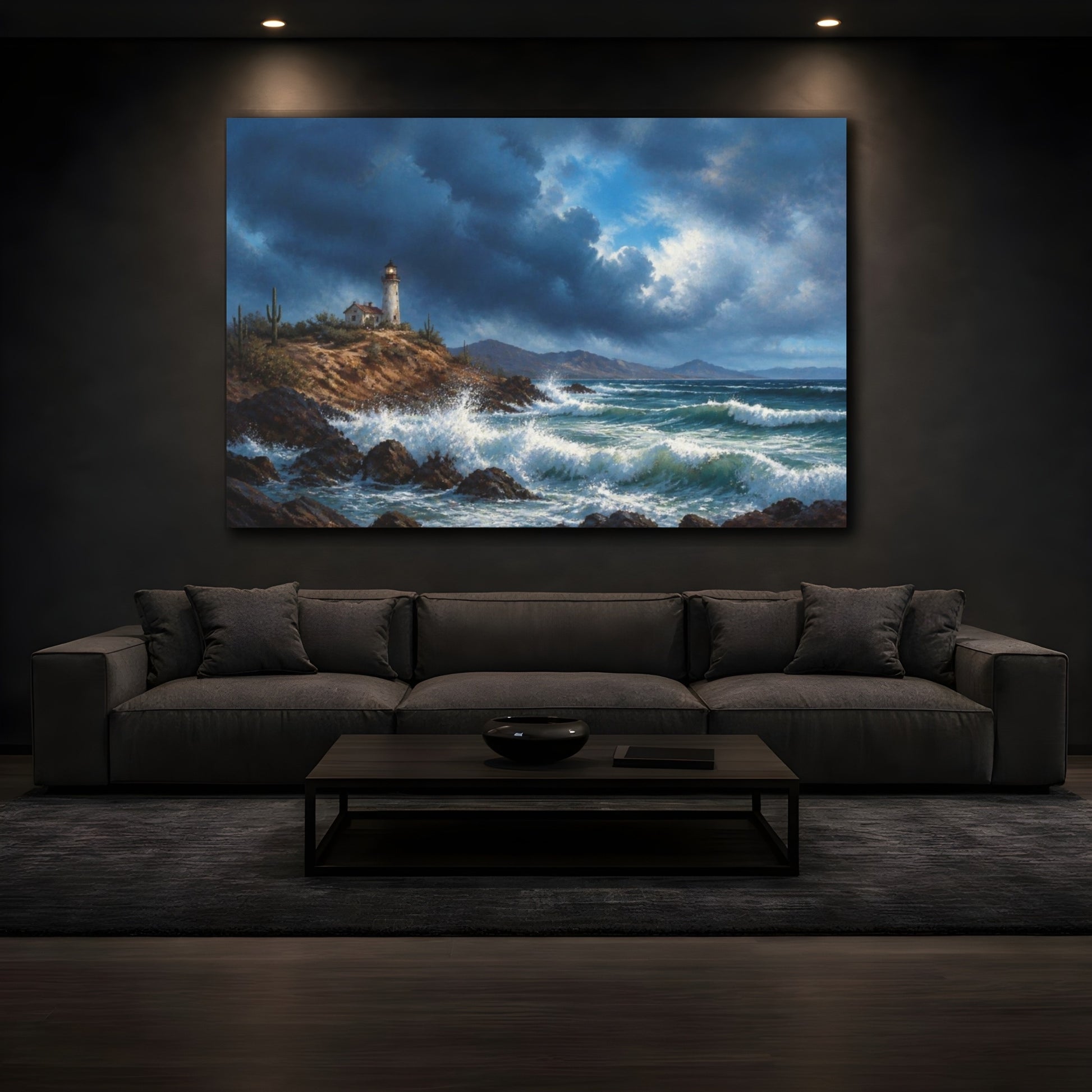 Mockup 3. Lighthouse Beyond The Storm shown as canvas print