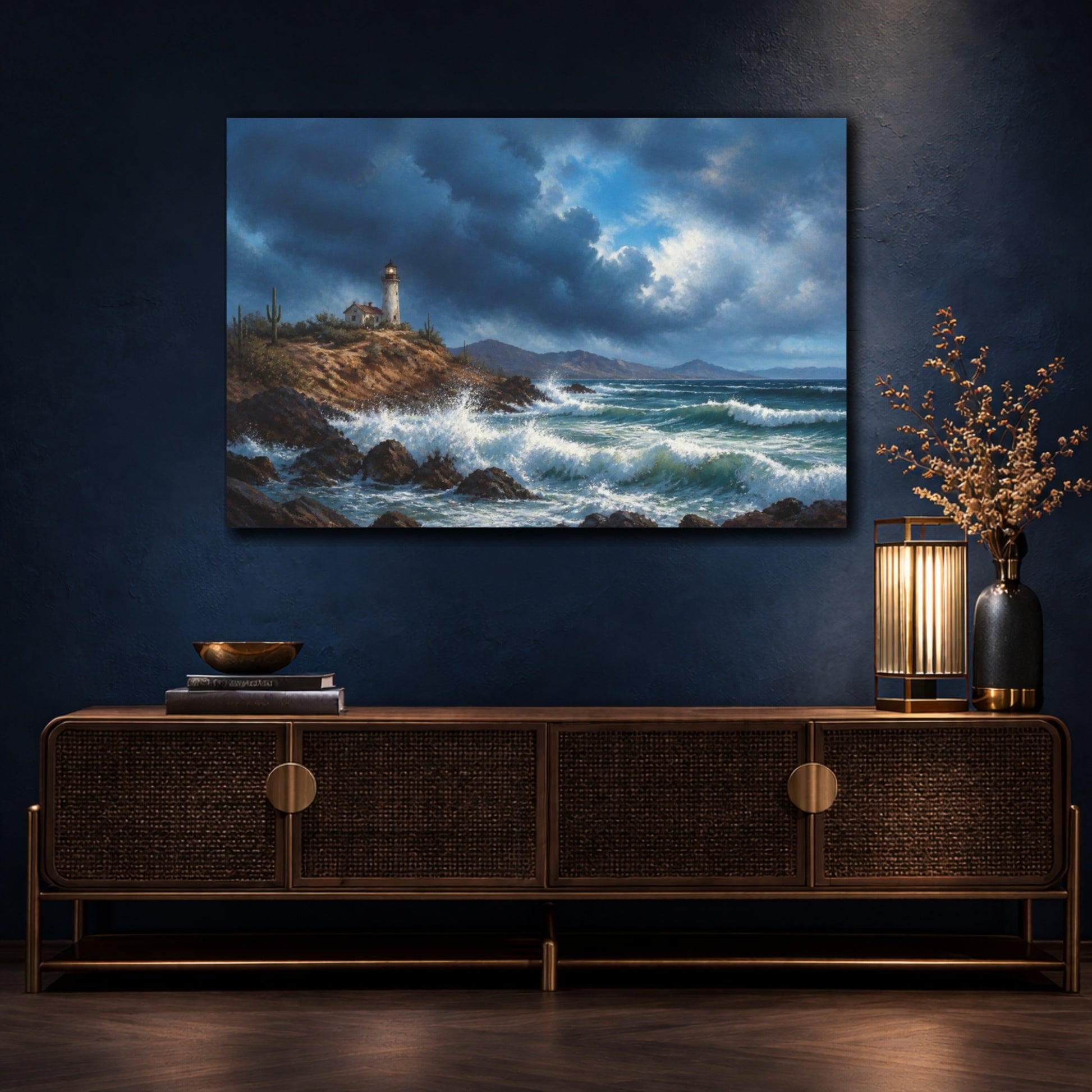 Mockup 4. Lighthouse Beyond The Storm shown as canvas print