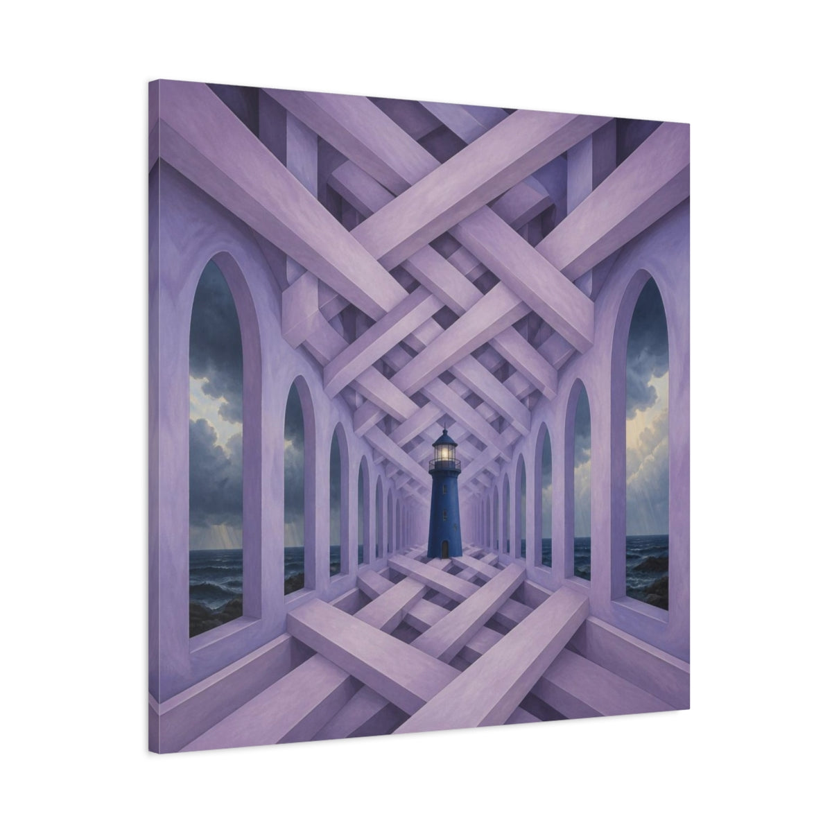 Main Mockup. Lighthouse Illusion Hallway shown as canvas print