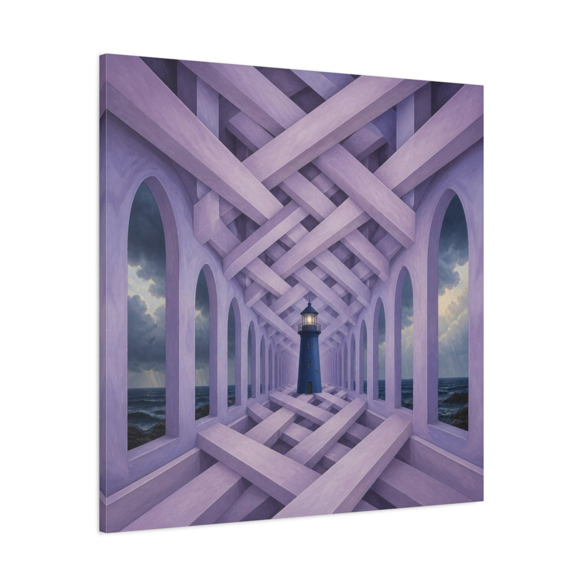 Side Mockup 1. Lighthouse Illusion Hallway shown as canvas print