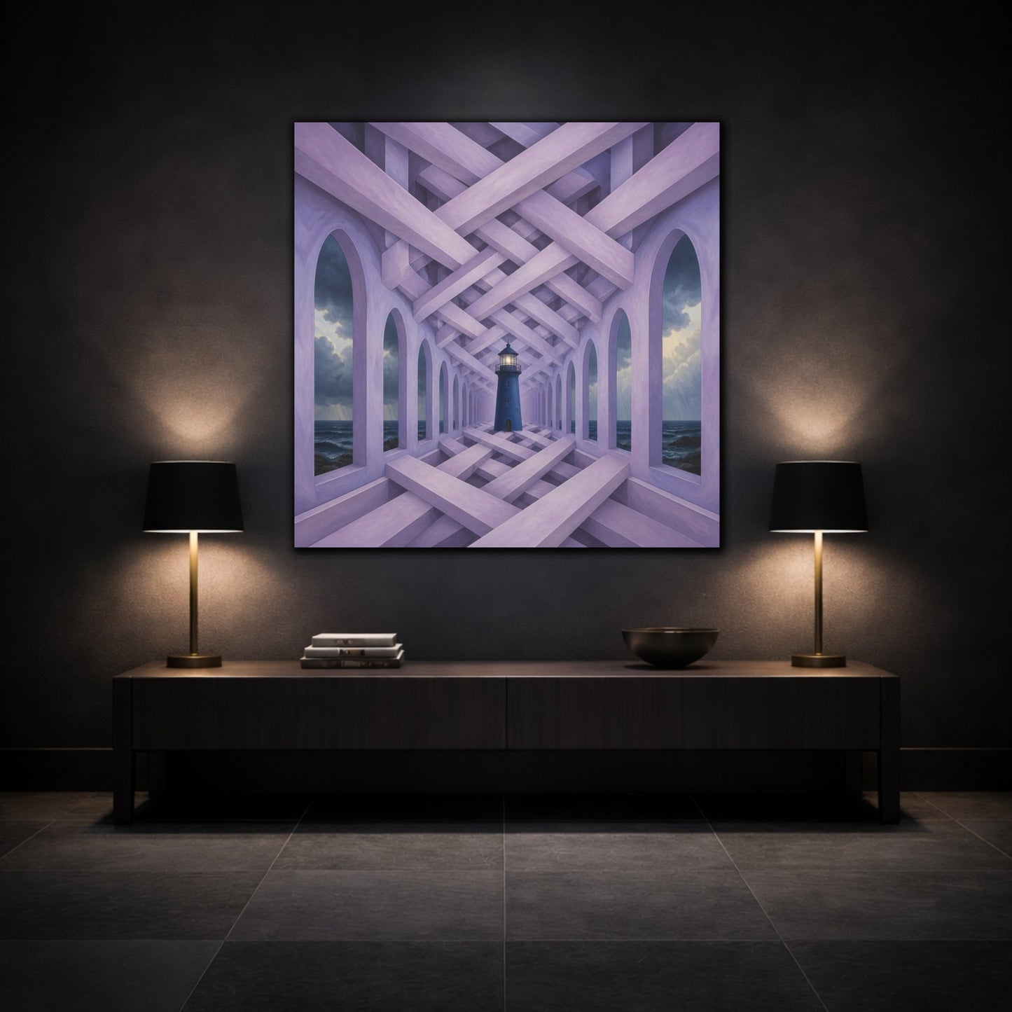 Mockup 3. Lighthouse Illusion Hallway shown as canvas print