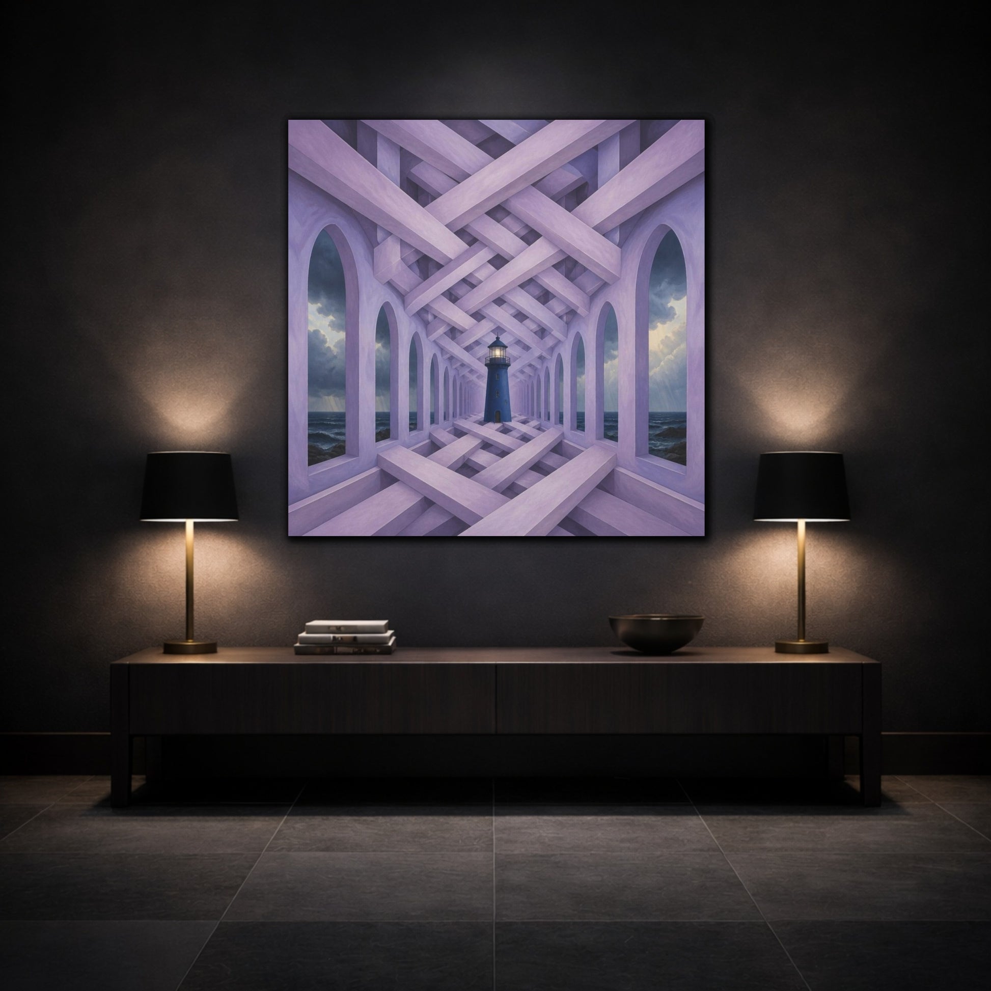 Mockup 3. Lighthouse Illusion Hallway shown as canvas print